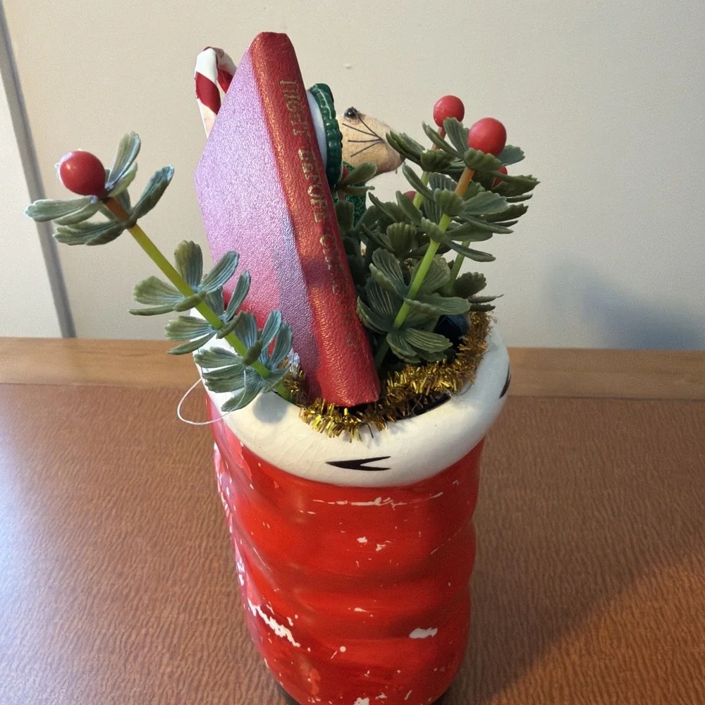 Vintage Lefton Christmas Red Santa‎ Boot Planter Mouse & Book Plastic Holly